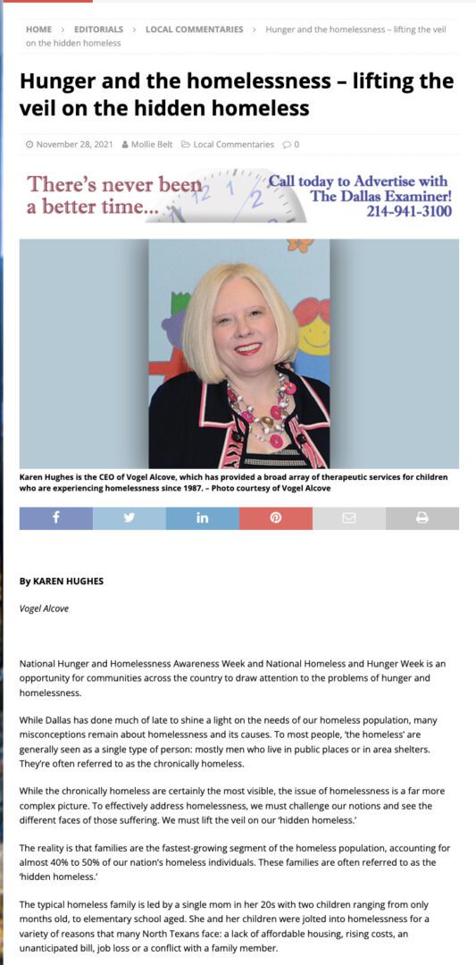Dallas Weekly article about hidden homelessness featuring Vogel CEO Karen Hughes